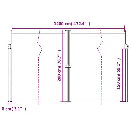 Tópszínű behúzható oldalsó napellenző 200 x 1200 cm