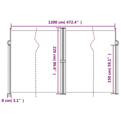 Tópszínű behúzható oldalsó napellenző 220 x 1200 cm