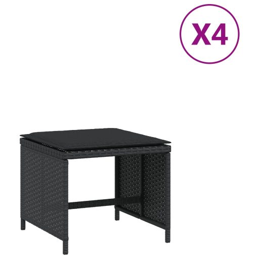4 db fekete polyrattan kerti szék párnákkal 40 x 40 x 35 cm