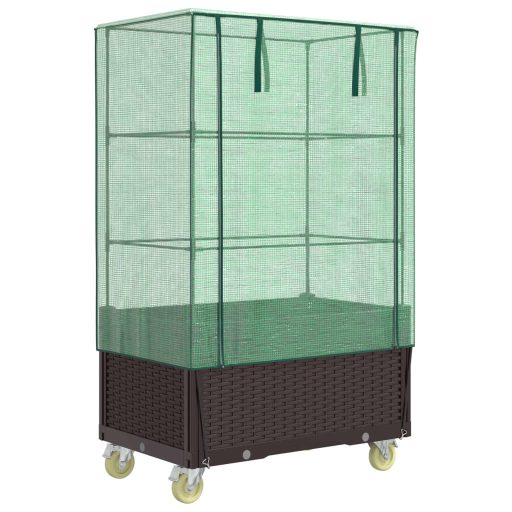 Rattan megjelenésű magaságyás borítással/kerékkel 80x50x182 cm