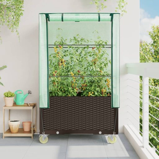 Rattan megjelenésű magaságyás borítással/kerékkel 80x50x182 cm
