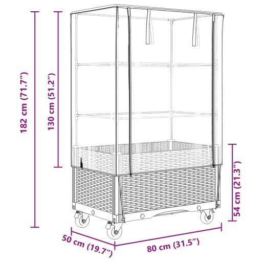 Rattan megjelenésű magaságyás borítással/kerékkel 80x50x182 cm