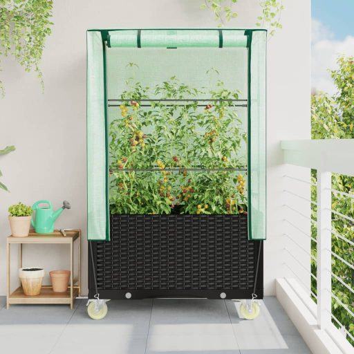 Rattan megjelenésű magaságyás borítással/kerékkel 80x50x182 cm