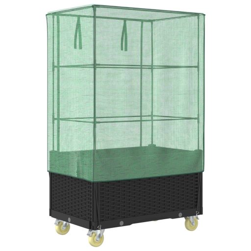 Rattan megjelenésű magaságyás borítással/kerékkel 80x50x182 cm