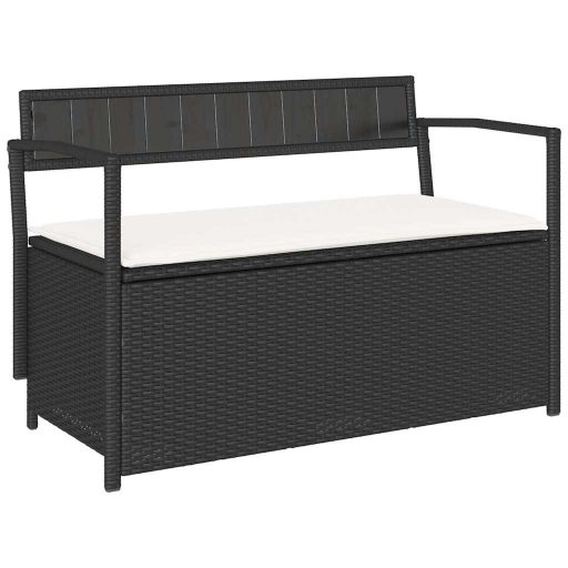 Fekete polyrattan kerti tároló pad párnával