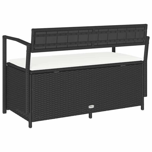 Fekete polyrattan kerti tároló pad párnával