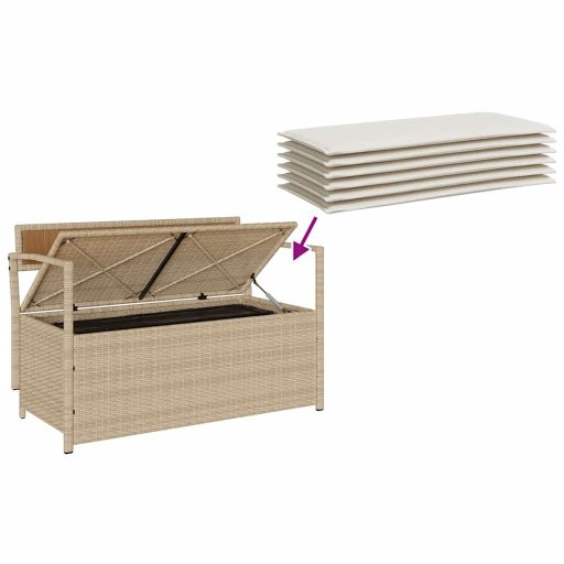 Bézs polyrattan kerti tárolópad párnával