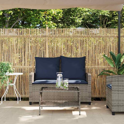 2 személyes szürke polyrattan kerti kanapé asztallal&párnával