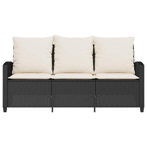 3 személyes fekete polyrattan kerti kanapé asztallal&párnával