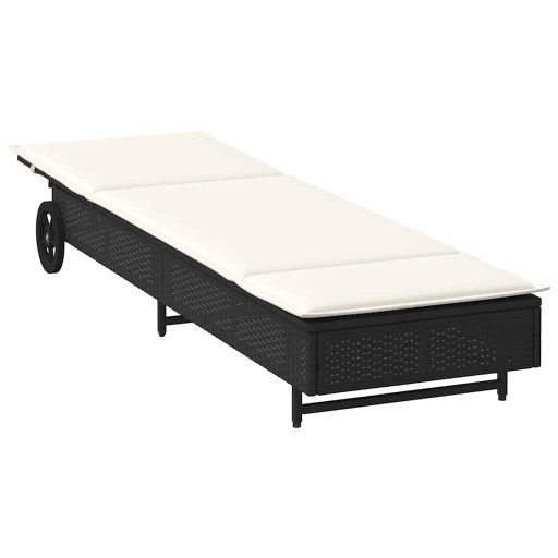 Fekete polyrattan napozóágy kerekekkel és párnával