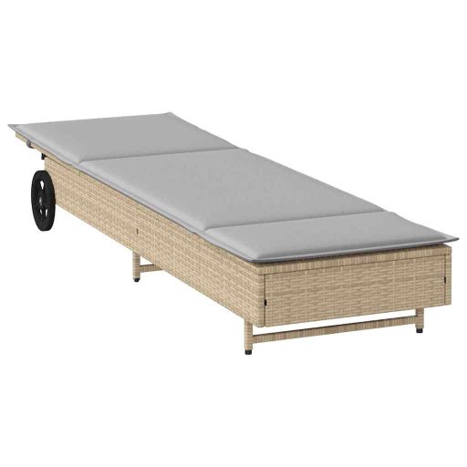 Szürke polyrattan napozóágy kerekekkel és párnával