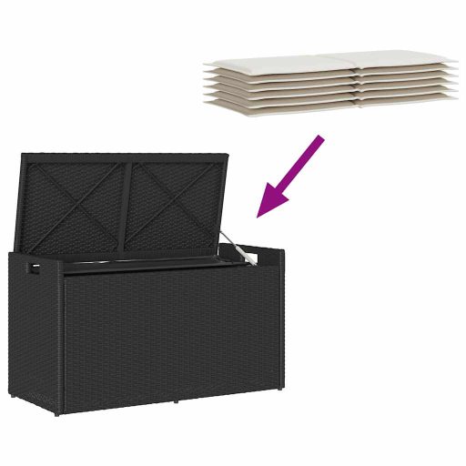 Fekete polyrattan kültéri tárolópad párnával 100 cm