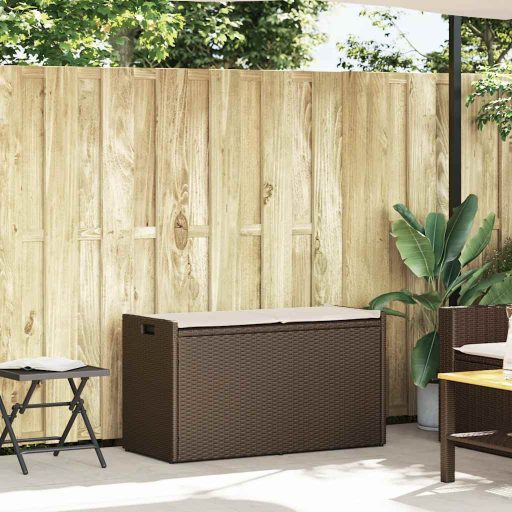 Barna polyrattan kültéri tárolópad párnával 100 cm