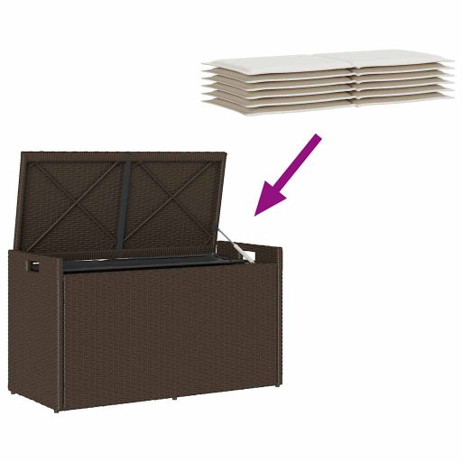 Barna polyrattan kültéri tárolópad párnával 100 cm