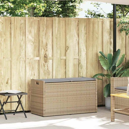 Bézs polyrattan kültéri tárolópad párnával 100 cm