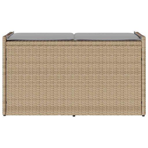 Bézs polyrattan kültéri tárolópad párnával 100 cm