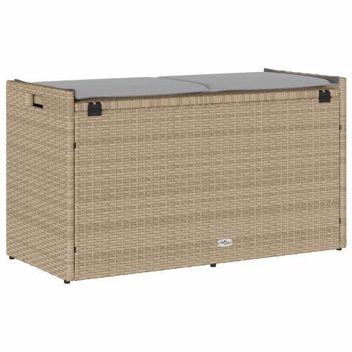 Bézs polyrattan kültéri tárolópad párnával 100 cm