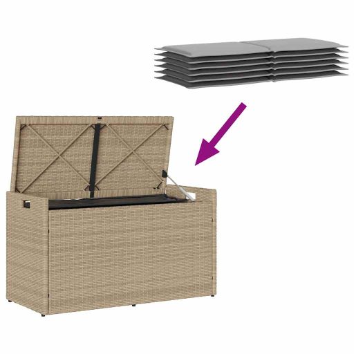 Bézs polyrattan kültéri tárolópad párnával 100 cm