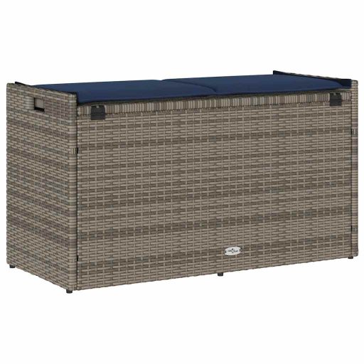 Szürke polyrattan kültéri tárolópad párnával 100 cm