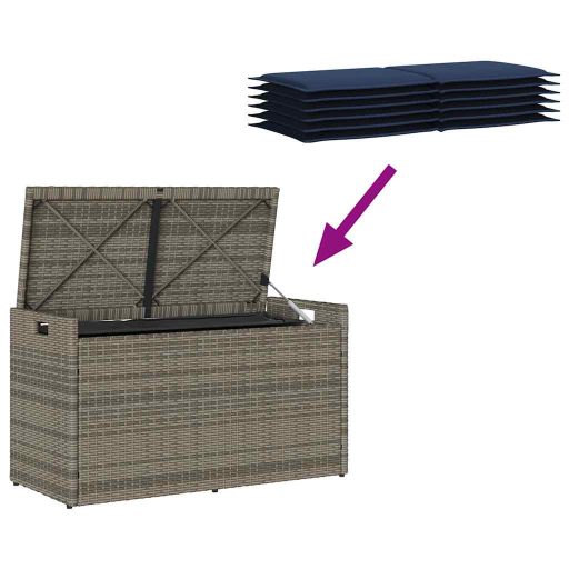 Szürke polyrattan kültéri tárolópad párnával 100 cm