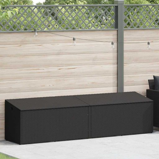 Fekete polyrattan kerti tárolóláda 220x50x58 cm