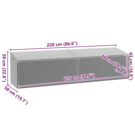 Szürke polyrattan kerti tárolóláda 220x50x58 cm