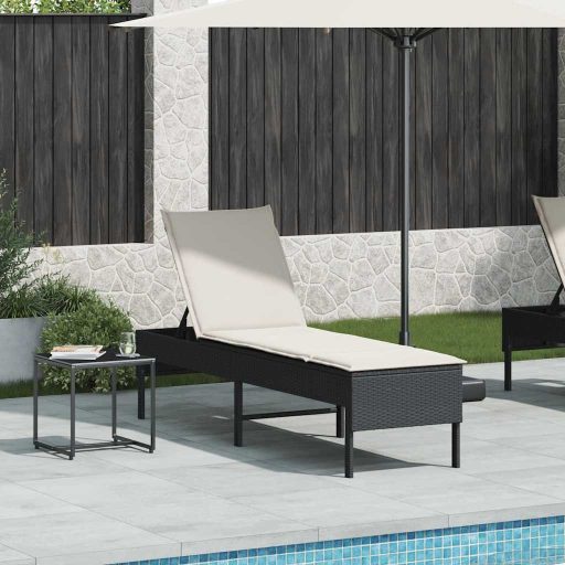 Fekete polyrattan napozóágy párnával 55x200x44 cm