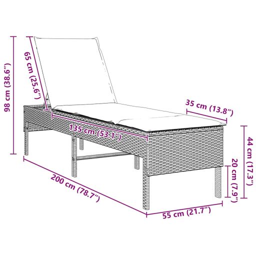Barna polyrattan napozóágy párnával 55x200x44 cm