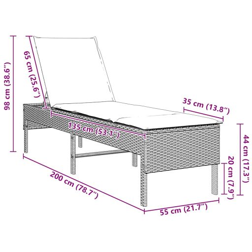 Szürke polyrattan napozóágy párnával 55x200x44 cm