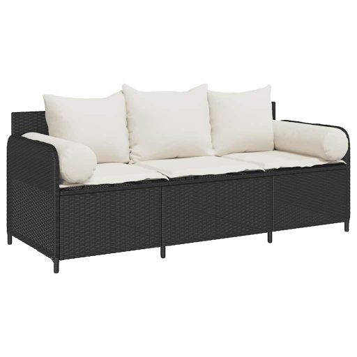 Fekete 3 személyes polyrattan kerti kanapé párnákkal