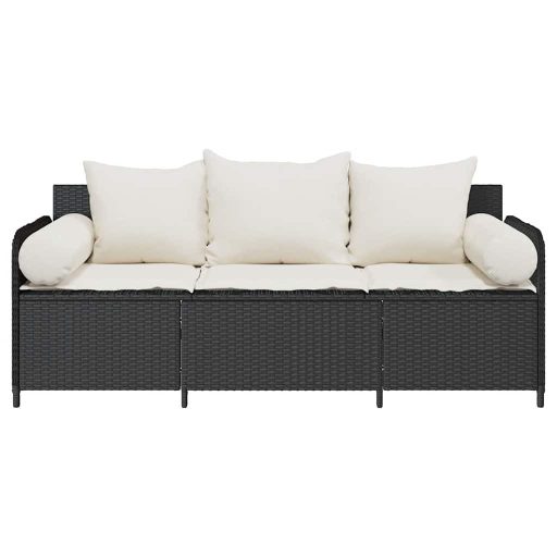 Fekete 3 személyes polyrattan kerti kanapé párnákkal