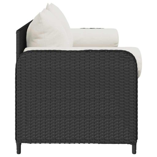 Fekete 3 személyes polyrattan kerti kanapé párnákkal