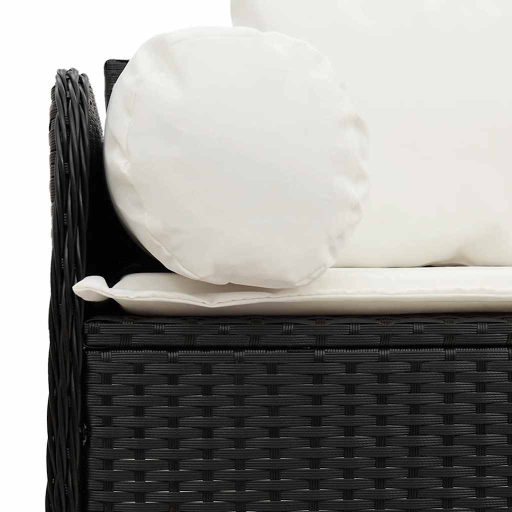Fekete 3 személyes polyrattan kerti kanapé párnákkal