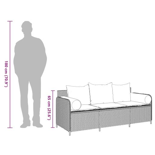 Fekete 3 személyes polyrattan kerti kanapé párnákkal