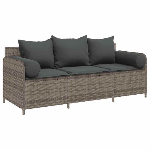 3 személyes szürke polyrattan kerti kanapé párnával