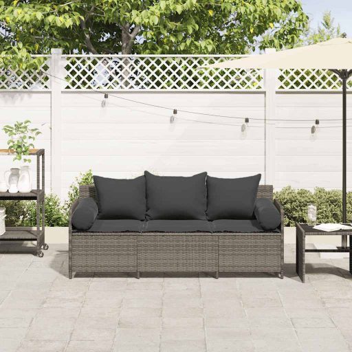 3 személyes szürke polyrattan kerti kanapé párnával