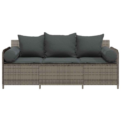 3 személyes szürke polyrattan kerti kanapé párnával