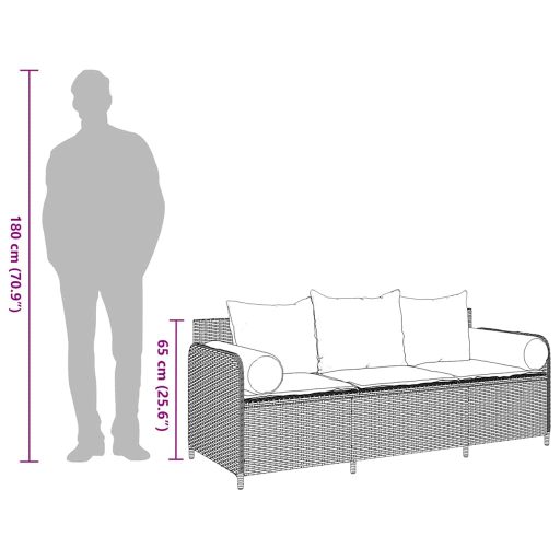 3 személyes szürke polyrattan kerti kanapé párnával