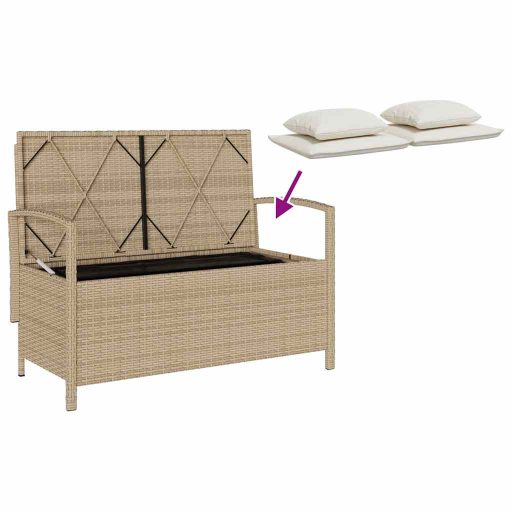 Bézs polyrattan kerti tárolópad párnával