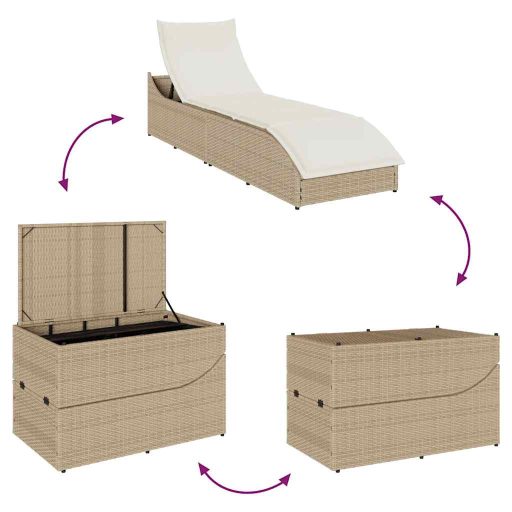 Összecsukható napozóágy párnával és tárolóval bézs polyrattan