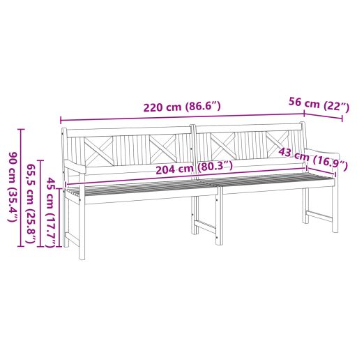 Kerti Pad 220x56x90 cm Tömör Fa Akác
