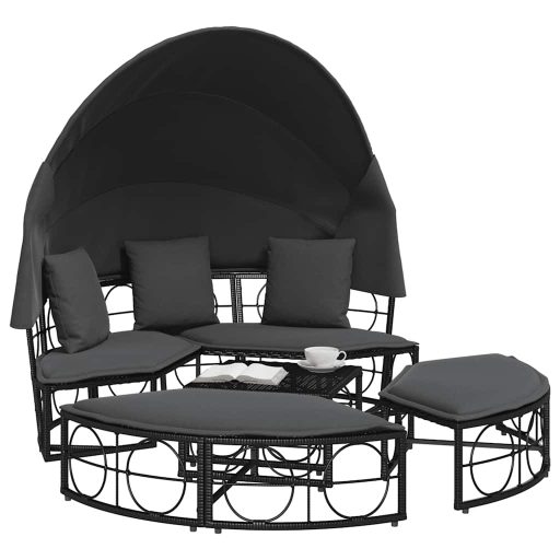 Fekete polyrattan kültéri napozóágy napellenzővel és párnákkal