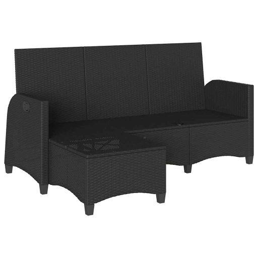 L-alakú fekete polyrattan fekvő kerti kanapé párnákkal