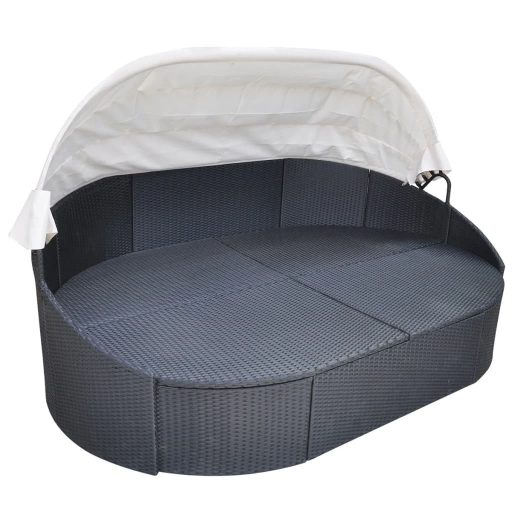 Fekete polyrattan kültéri napozóágy napellenzővel