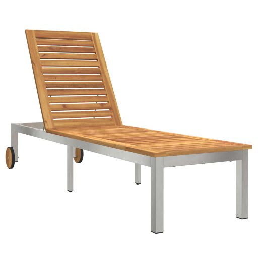 Napozóágy Kerekekkel 207x58x35 cm Tömör Akácfából és Rozsdamentes Acélból