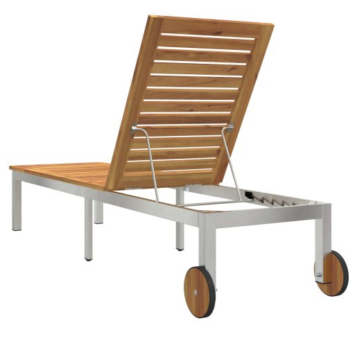 Napozóágy Kerekekkel 207x58x35 cm Tömör Akácfából és Rozsdamentes Acélból