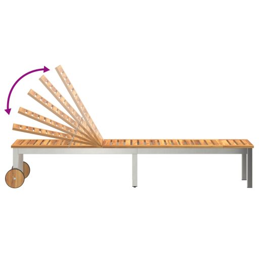 Napozóágy Kerekekkel 207x58x35 cm Tömör Akácfából és Rozsdamentes Acélból