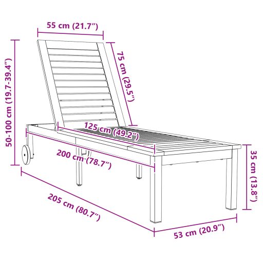 Napozóágy Kerekekkel 207x58x35 cm Tömör Akácfából és Rozsdamentes Acélból