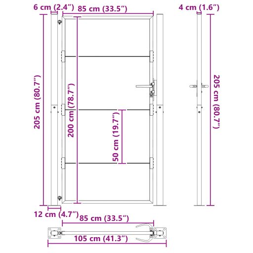 Kerti kapu zárral Fekete 100 x 200 cm Porszórt Acél