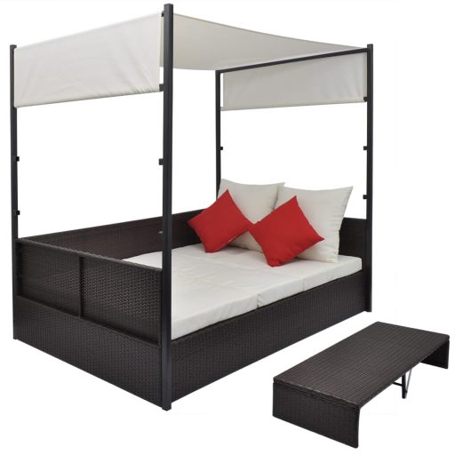 Barna polyrattan napellenzős kerti ágy 190 x 130 cm